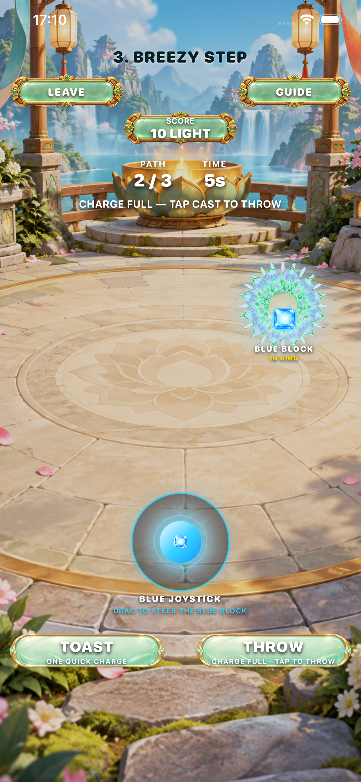 Glowbound gameplay with a blue joystick and a moving blue-block halo.